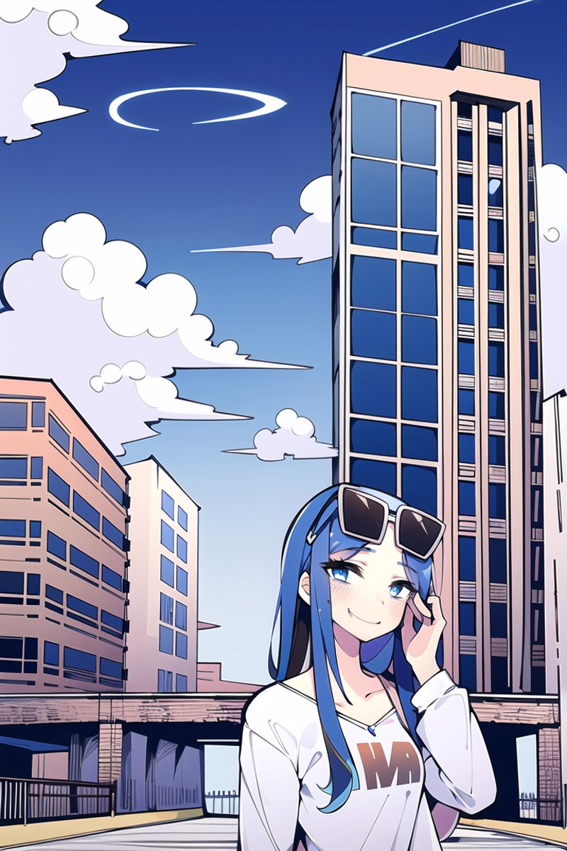 06395-1601425623-1girl,solo, smile, perfect face, urban area , modern building , eyewear on head, vast blue sky, clouds, long hair, multico.png